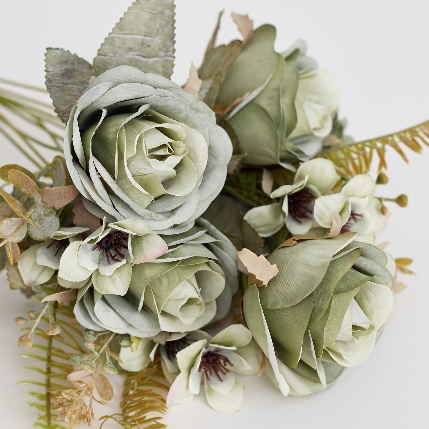 Artificial Silk Rose, Anemone & Foliage Bouquet (Sage)
