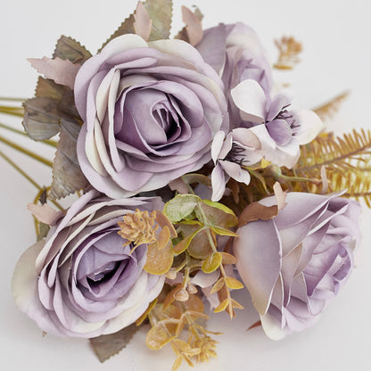 Artificial Silk Rose, Anemone & Foliage Bouquet (Lilac & Sage)