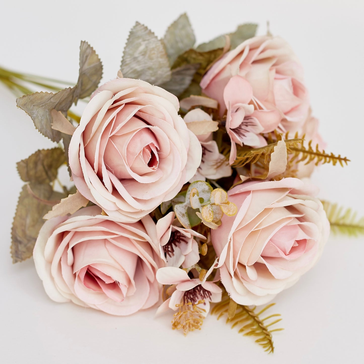 Artificial Silk Rose, Anemone & Foliage Bouquet (Chalk Pink)