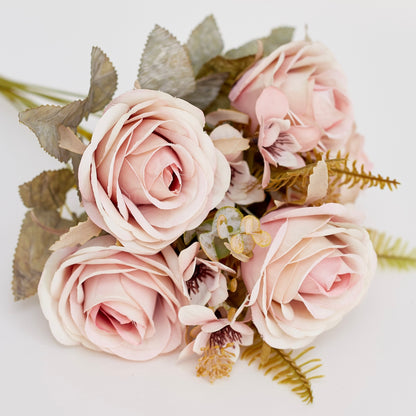 Artificial Silk Rose, Anemone & Foliage Bouquet (Chalk Pink)