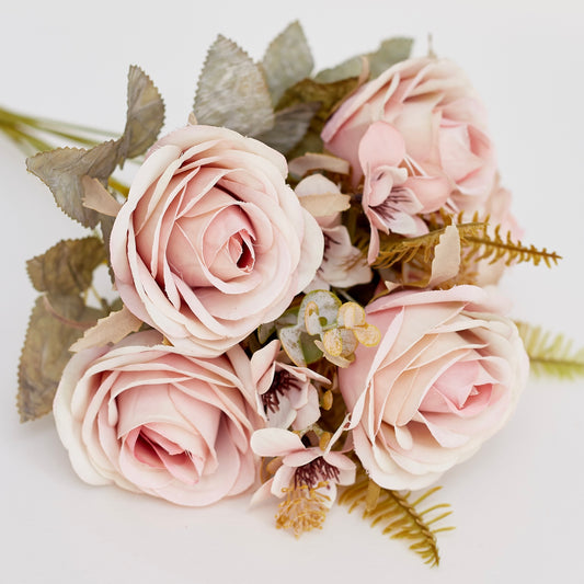 Artificial Silk Rose, Anemone & Foliage Bouquet (Chalk Pink)